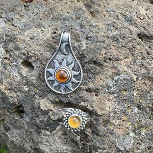 Amber sun moon pendant, amber ring